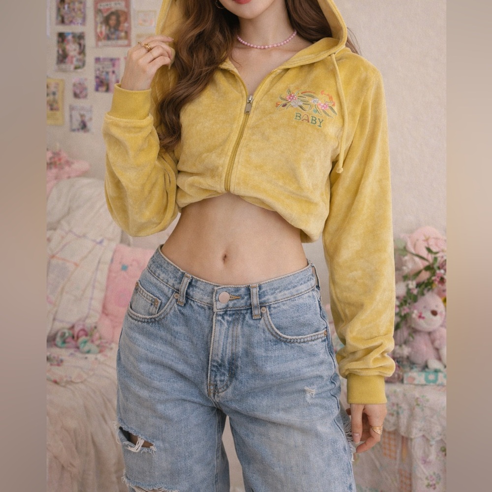 BCBGMAXAZRIA Yellow Velour Embroidered Zip Hoodie Bird Floral Size P/L
